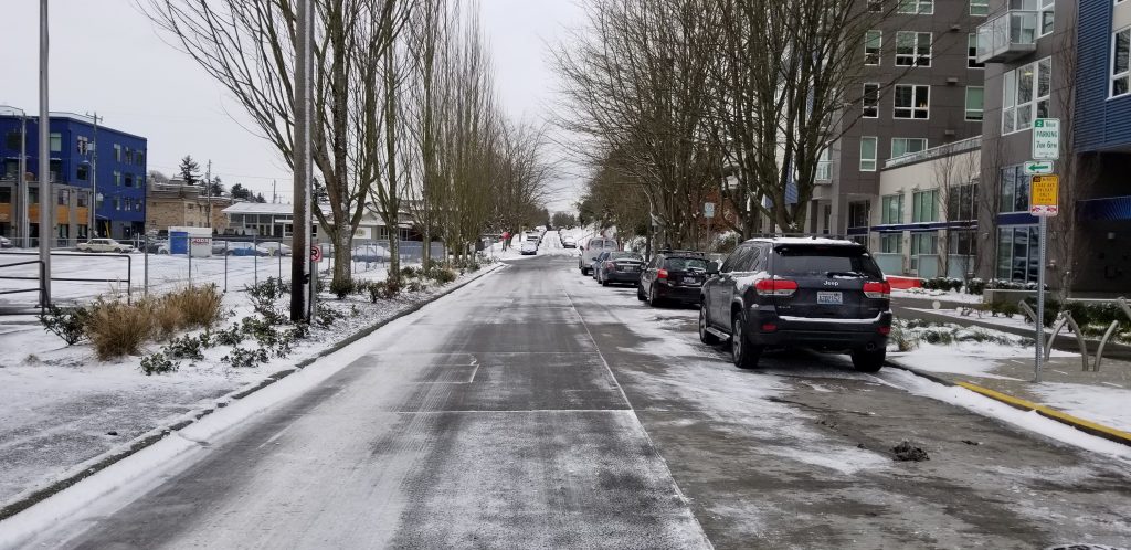 snowy street in west seattle