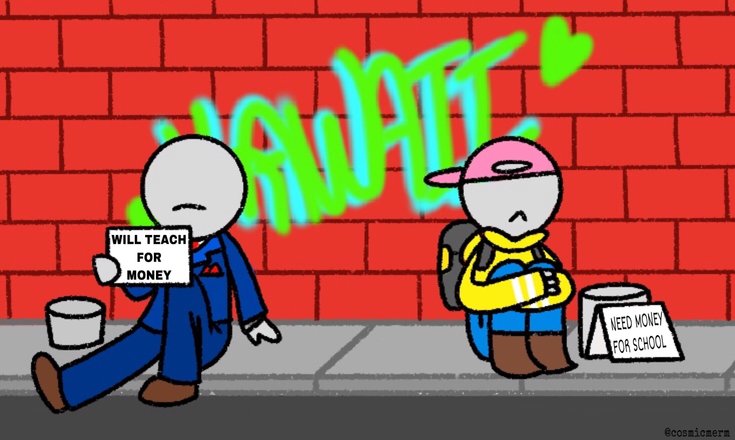 comic of a two people sitting on a sidewalk in front of a brick wall, one is a teacher in a suit holding a sign that says 'will teach for money', the other is a student with a backpack holding a sign that says 'need money for school'