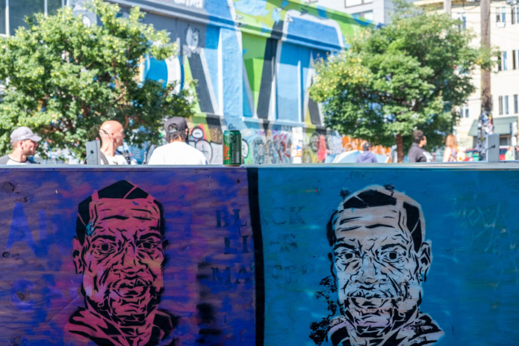 George Floyd artwork displayed on one of the many barricades that lined Pine Street in the Capitol Hill Autonomous Zone (CHAZ).